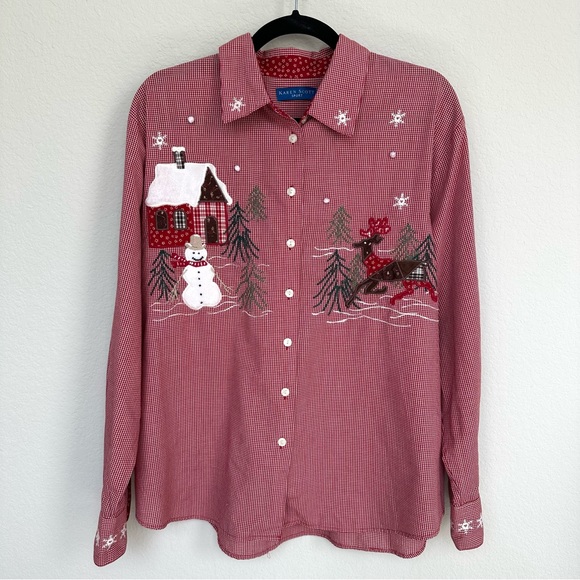 Karen Scott Red Gingham Check Christmas Holiday Snowman Button Up Top L - Picture 1 of 8
